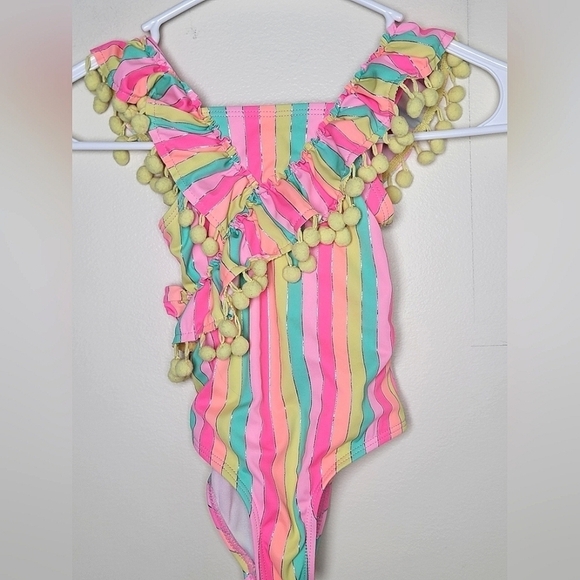 Girl's Nicole Miller Striped Pom Bathing Suit, Size 4 - Picture 1 of 2